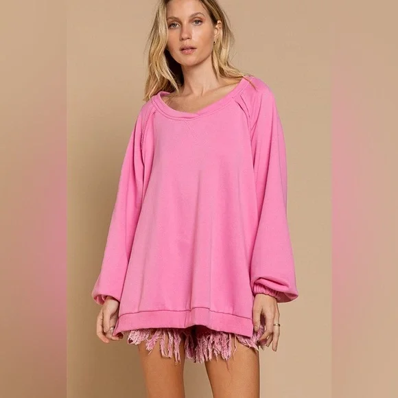 POL Vibrant Hot Pink Open Back Slouchy Sweatshirt | Relaxed Fit - Picture 2 of 5